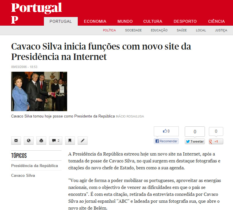 "Cavaco Silva inicia funções com novo site da Presidência na Internet"